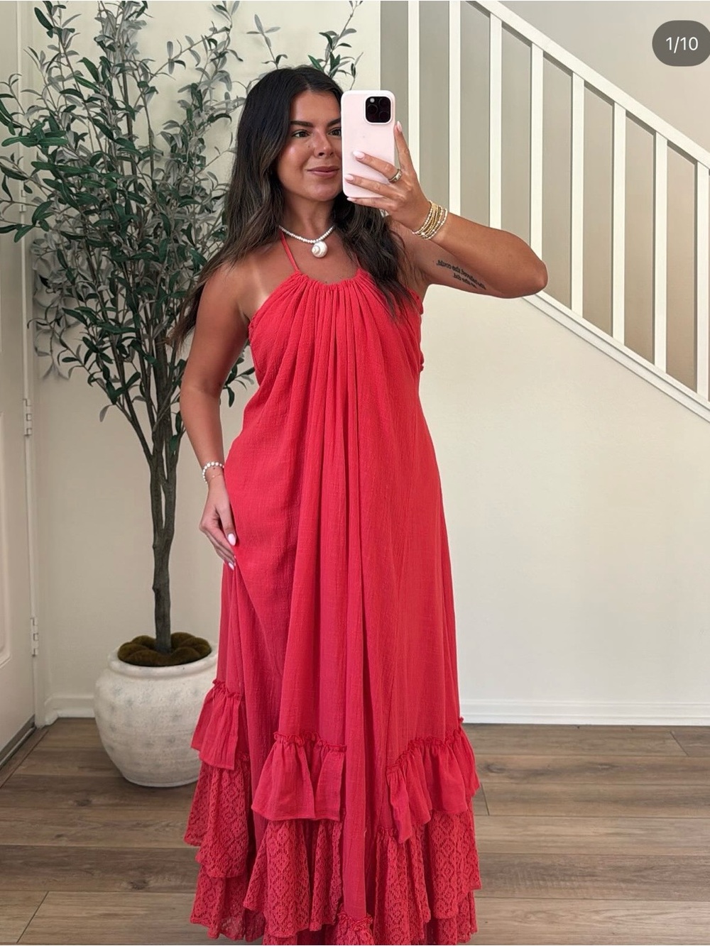 Red Halter Maxi Dress with Ruffled Hem - Picture 3 of 5